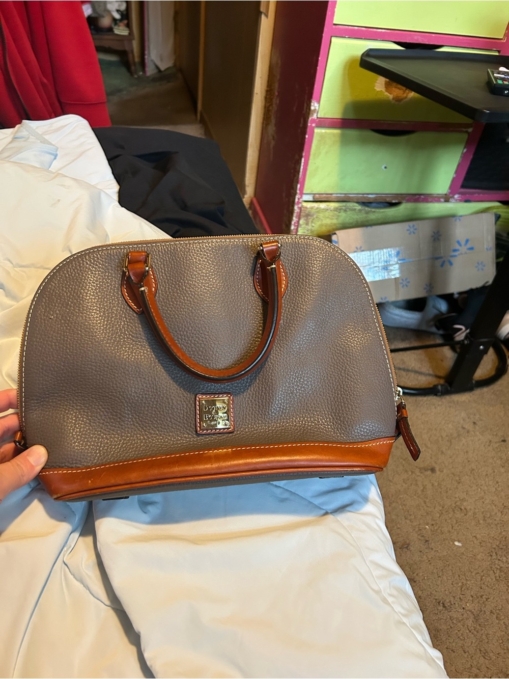 Dooney & Bourke Gray Pebble Leather Satchel with Tan Trim